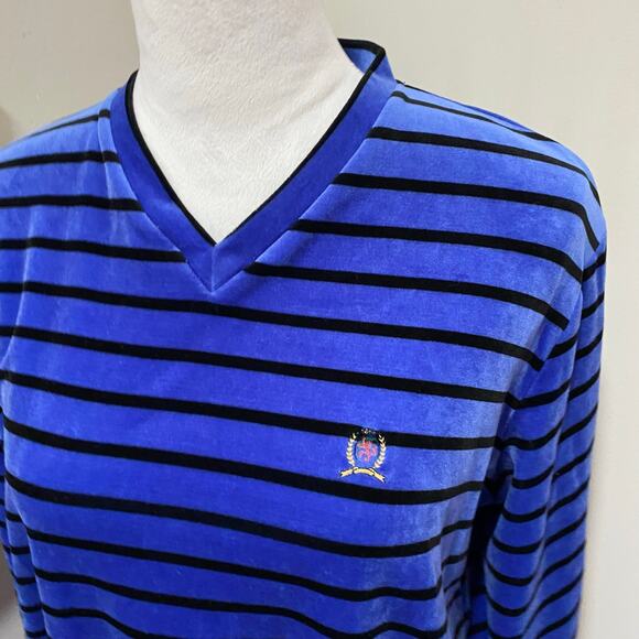 Tommy Hilfiger Velour Pullover Size Medium Blue V-Neck Black Stripe with Logo - Picture 2 of 8